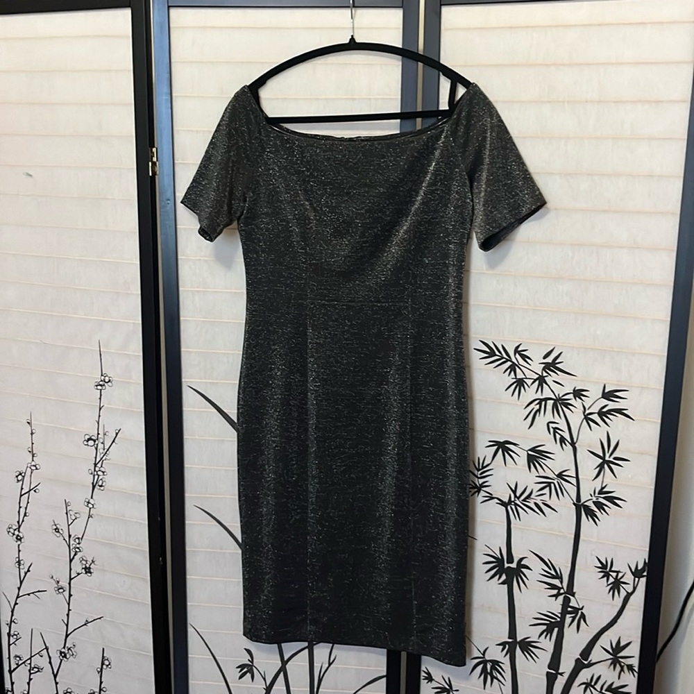 Black glitter midi dress.